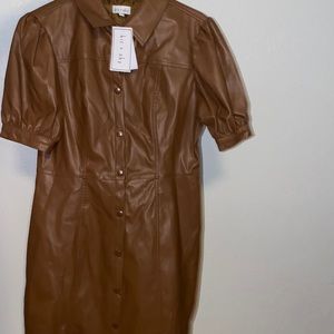 Kit & Sky Faux-Leather Puff-Sleeve Fit & Flare Large Dress- Brown